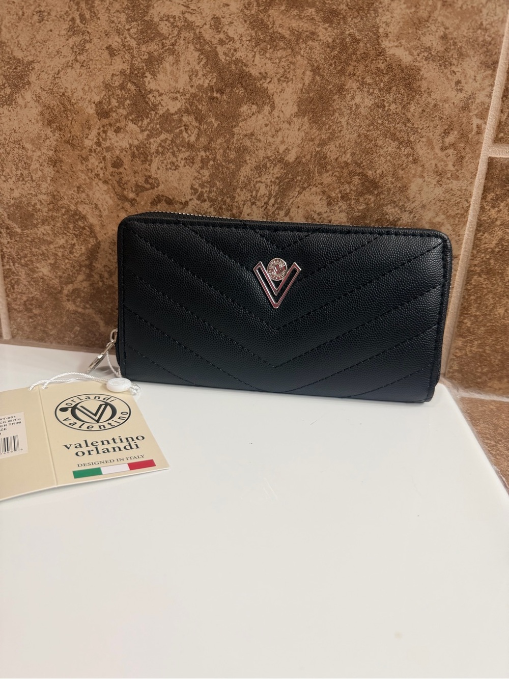 Valentino Orlandi Black Quilted Zip Wallet